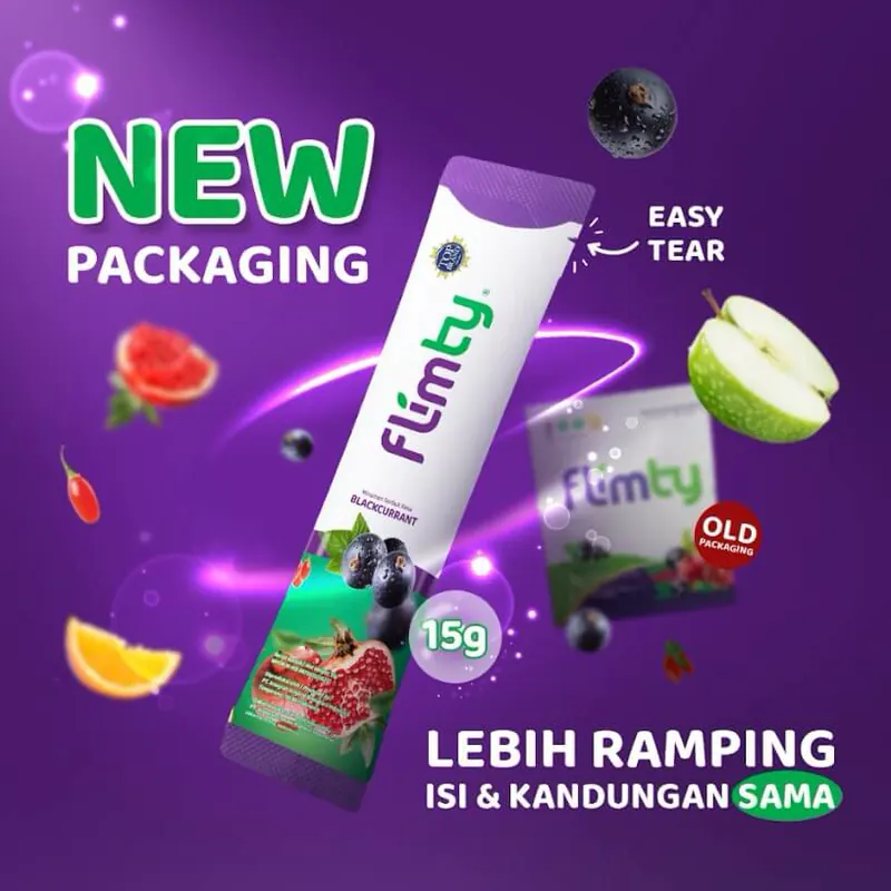Kemasan baru sachet Flimty rasa Blackcurrant 15 g yang easy tear: lebih ramping, isi dan kandungan sama