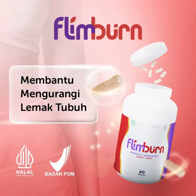 Botol Flimburn yang terbuka dengan kapsulnya: membantu mengurangi lemak tubuh, Halal, Badan POM