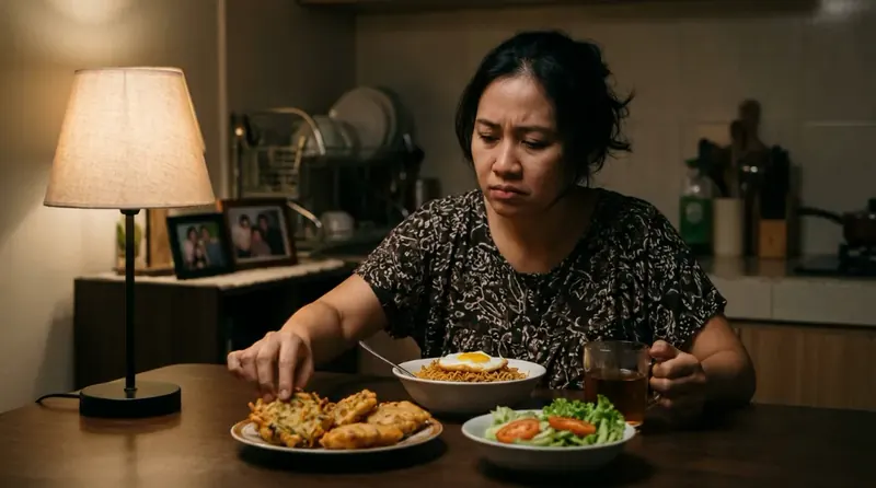 Perempuan di meja makan malam, sulit mengontrol nafsu makan saat diet