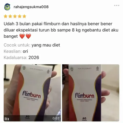 Ulasan pembeli bintang 5: udah 3 bulan pakai Flimburn, turun BB sampai 8 kg