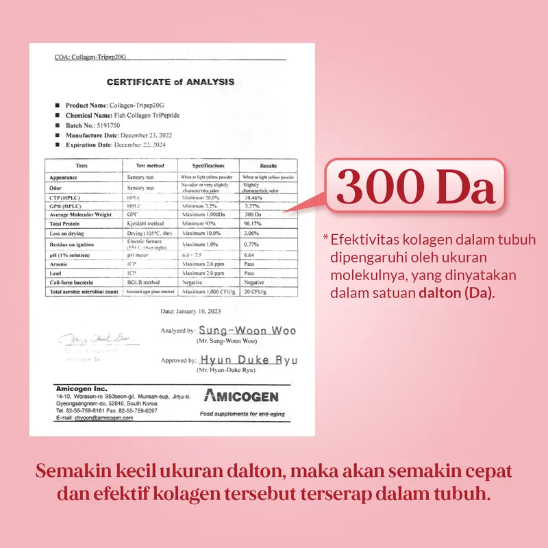 Certificate of Analysis Amicogen untuk Collagen-Tripep20G (Fish Collagen TriPeptide), average molecular weight 300 Da