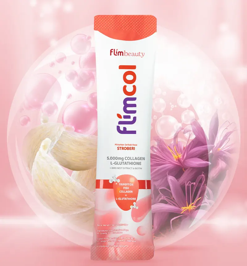 Sachet Flimcol rasa Stroberi di antara sarang burung walet dan bunga saffron