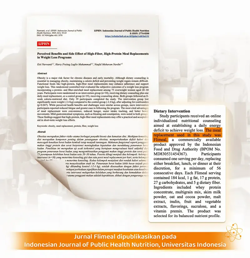 Halaman jurnal IJPHN dengan kutipan: the meal replacement used in this study was Flimeal, a commercially available product approved by the Indonesian Food and Drug Authority (BPOM No. MD830531454367)
