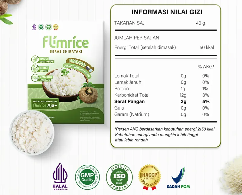 Box Flimrice dan tabel informasi nilai gizi, dengan logo Halal Indonesia, GMP, ISO 22000, HACCP dan Badan POM