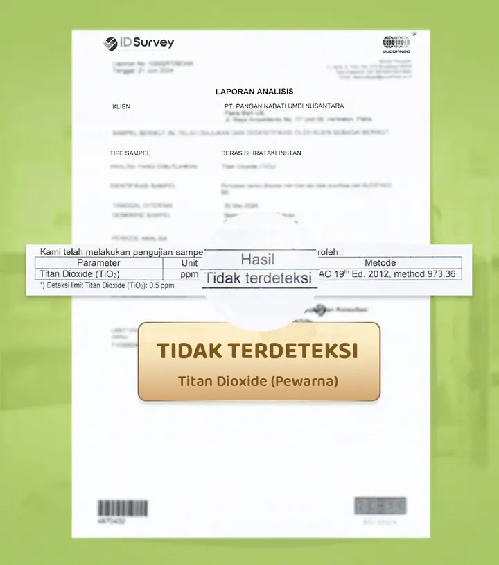 Laporan analisis IDSurvey untuk Beras Shirataki Instan: Titan Dioxide tidak terdeteksi