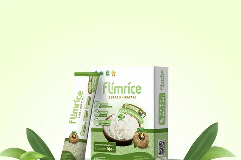 Box Flimrice Beras Shirataki di atas podium kayu