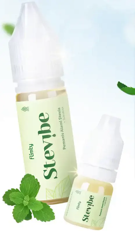 Botol Stevibe 15 mL dan 5 mL dengan daun stevia