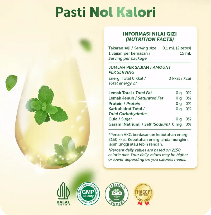 Pasti nol kalori: tabel informasi nilai gizi Stevibe kemasan 15 mL, takaran saji 0,1 mL (2 tetes), energi 0 kkal, dengan logo Halal Indonesia, GMP, ISO 22000 dan HACCP