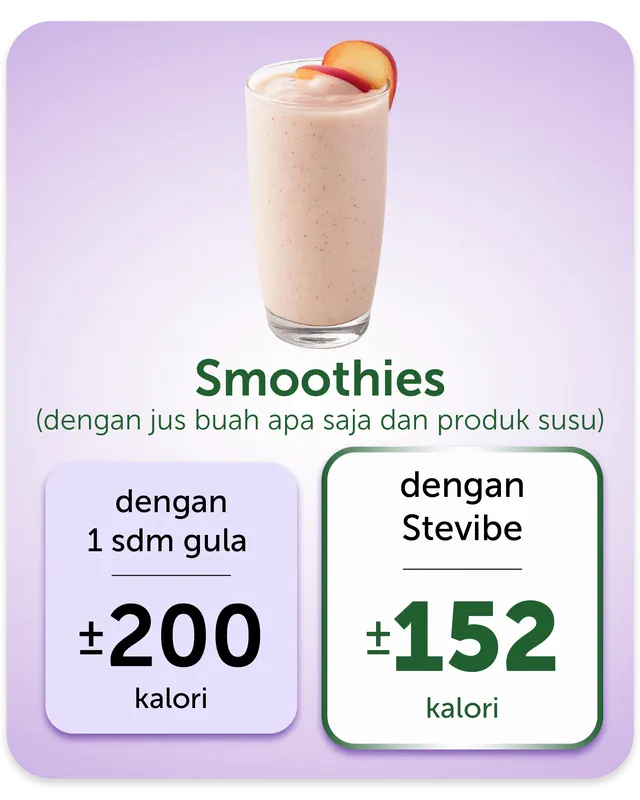 Smoothies (dengan jus buah apa saja dan produk susu): dengan 1 sdm gula ±200 kalori, dengan Stevibe ±152 kalori